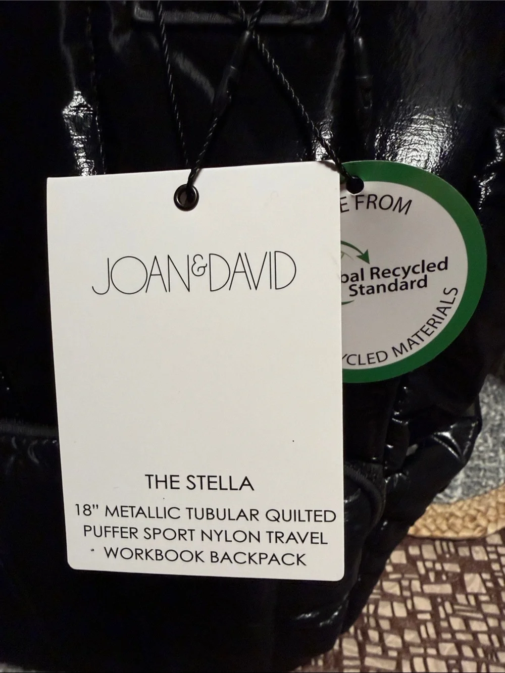 Joan & David Black Quilted Shiny Puffer Backpack Tote
